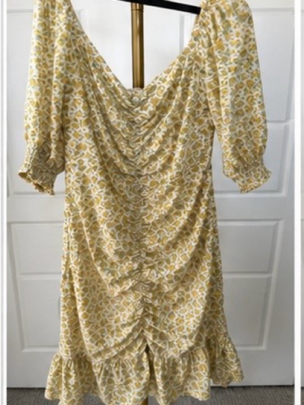 44. Piper & Scoot Yellow Floral Ruched Midi Dress with Ruffle Hem
